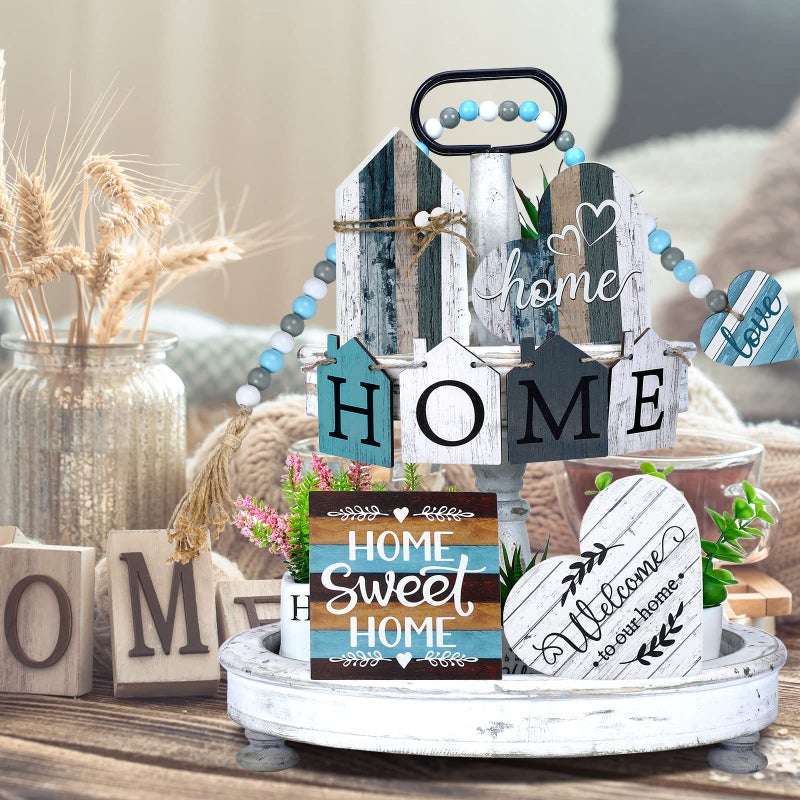 Yulejo 10 Pcs Farmhouse Tiered Tray Decor Farmhouse Home Decor Mini Signs Rustic Tiered Tray Signs Home Wood Sign Cutting Broad House Shaped Table Buffalo Plaid Wooden Farm Sign(Retro Home Style) - Image 4