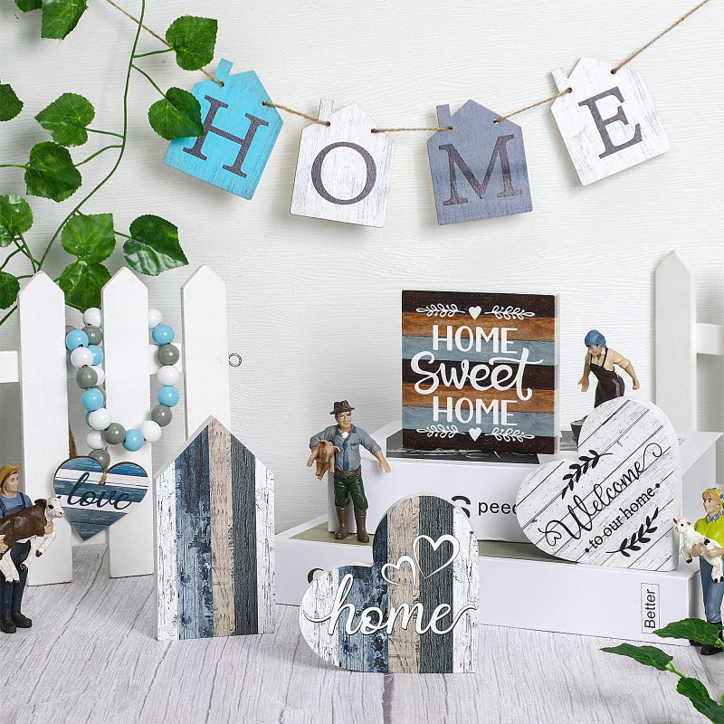 Yulejo 10 Pcs Farmhouse Tiered Tray Decor Farmhouse Home Decor Mini Signs Rustic Tiered Tray Signs Home Wood Sign Cutting Broad House Shaped Table Buffalo Plaid Wooden Farm Sign(Retro Home Style) - Image 5