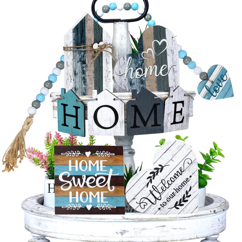 Yulejo 10 Pcs Farmhouse Tiered Tray Decor Farmhouse Home Decor Mini Signs Rustic Tiered Tray Signs Home Wood Sign Cutting Broad House Shaped Table Buffalo Plaid Wooden Farm Sign(Retro Home Style) - Image 1