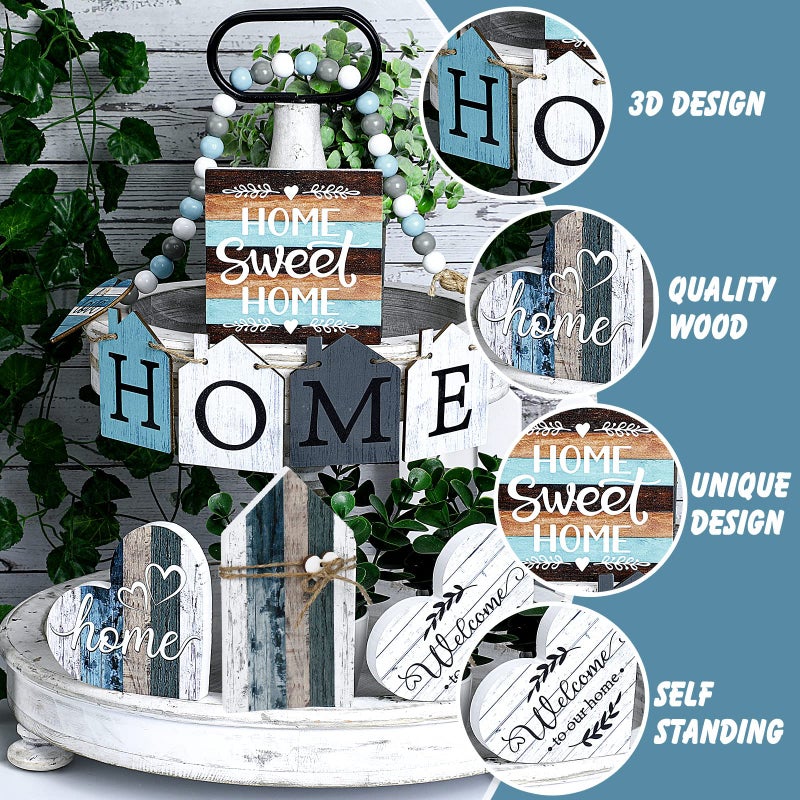 Yulejo 10 Pcs Farmhouse Tiered Tray Decor Farmhouse Home Decor Mini Signs Rustic Tiered Tray Signs Home Wood Sign Cutting Broad House Shaped Table Buffalo Plaid Wooden Farm Sign(Retro Home Style) - Image 3