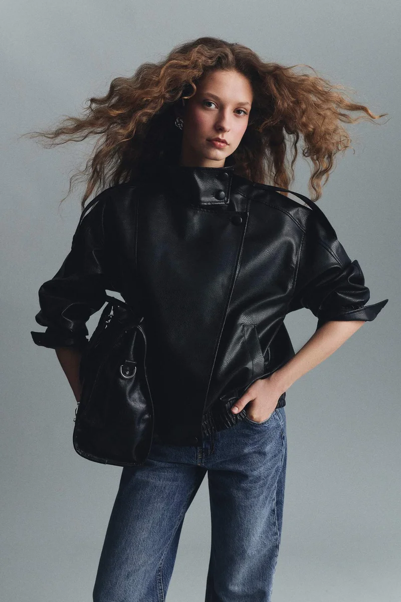ديفاكتو Dad Fit Stand Collar Faux Leather Jacket