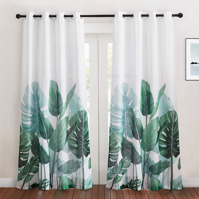 KGORGE Sheer Curtains 84 inch Length  Crossweave Semi Sheer Curtains Tropical Leaves Pattern Half Translucent Window Drapes for Bedroom Living Room French Door 2 Panels W 50 x L 84