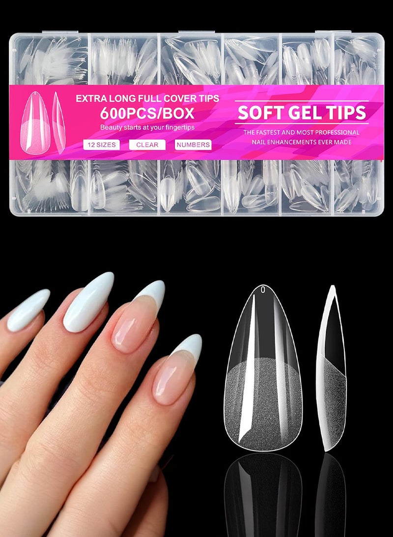AEENAA 600PCS Extra Long Soft Gel Nail Tips, Full Cover Clear Press On Nail Extensions, Almond Shape, 12 Sizes - Image 1
