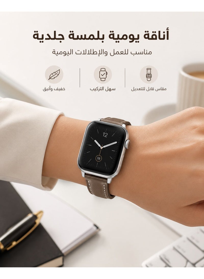 سوار Apple Watch، حزام ساعة نحيف الخصر من الجلد الطبيعي متوافق مع Apple Watch مقاسات 38mm و40mm و41mm و42mm، سوار بديل بحلقة واحدة مع إبزيم من الستانلس ستيل للنساء والرجال، بني - Image 4