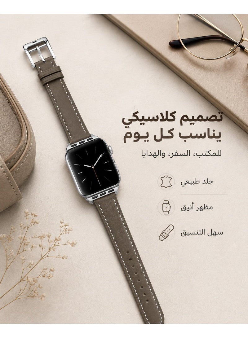 سوار Apple Watch، حزام ساعة نحيف الخصر من الجلد الطبيعي متوافق مع Apple Watch مقاسات 38mm و40mm و41mm و42mm، سوار بديل بحلقة واحدة مع إبزيم من الستانلس ستيل للنساء والرجال، بني - Image 3