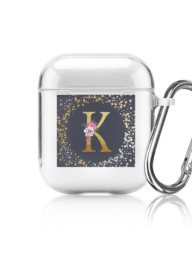 Stylizedd Classic Clear printed Case for Apple Airpods 2 / 1 Soft TPU Gel Thin Transparent Flexible Cover - Custom Monogram Initial Letter Floral Pattern Alphabet - K (Grey ) - Image 1