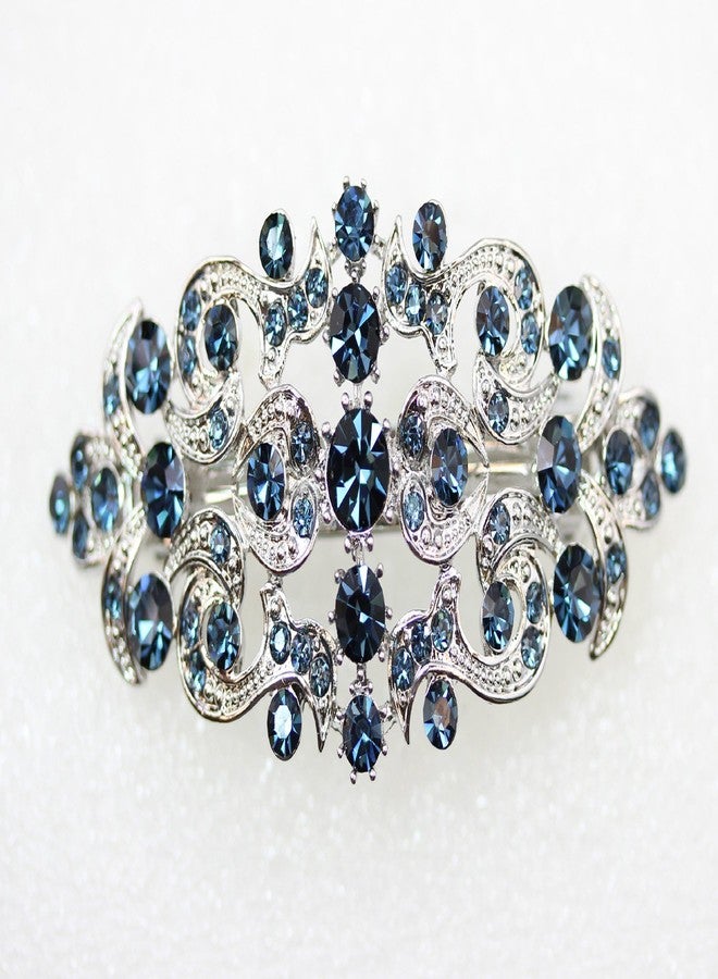Faship Gorgeous Navy Blue Rhinestone Crystal Floral Hair Barrette Clip - Image 2