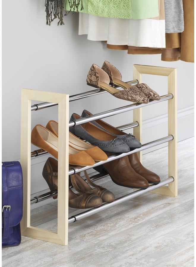 Whitmor 3 Tier Expandable Shoe Rack -Stackable - Natural Wood And Chrome - Image 2