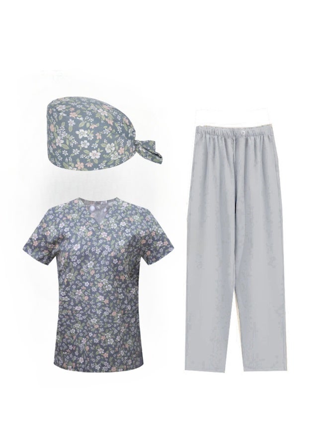 Loquat Womens Medical Scrubs Set Medical Uniform Set Gray Floral Pattern - Image 1
