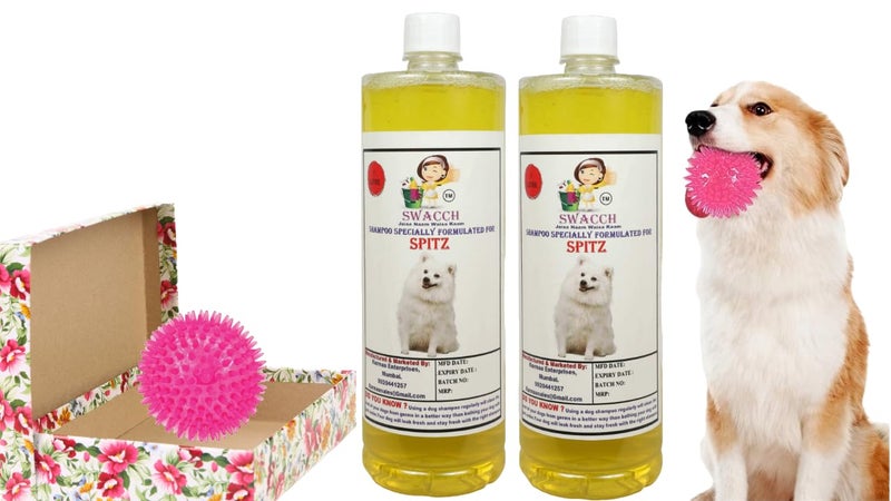 swacch Shampoo | Puppy Safe Shampoo | PH Balanced | Ditch to Itch for Spitz Dog Shampoo 2 Litre (Lemon) + Spike Ball Chew Toy Combo Pack - Image 1