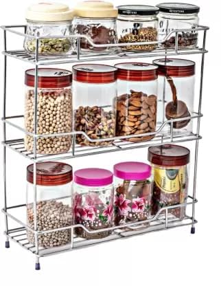 GLOCY Stainless Steel Kitchen Rack Trolley Basket Stand Container3 Shelf Storage Holder for Spice Boxes Utensils Rack for Home Silver - Image 1