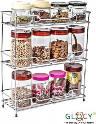 GLOCY Stainless Steel Kitchen Rack Trolley Basket Stand Container3 Shelf Storage Holder for Spice Boxes Utensils Rack for Home Silver - Image 3