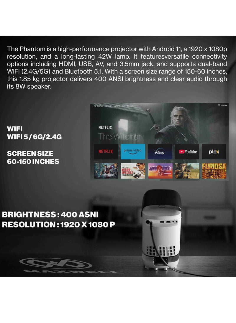 ماكسويل فانتوم بروجيكتور يدعم 4K، مزود بحامل مدمج، مكبر صوت قوي، دقة Full HD 1080P، تصحيح انحراف العرض (Keystone Correction)، مناسب للسينما الخارجية/المنزلية، نظام صوت Hi-Fi، واي فاي 5G، وعرض شاشة لاسلكي. - pzsku/Z1377D2FA36F779BF620EZ/45/_/1737628012/04748efd-0533-4973-a1a2-1cf7457d6e24