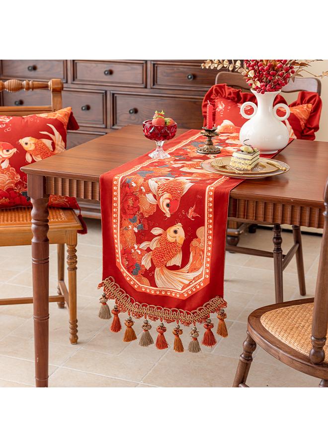 Bluejw Red Table Flag Tea Flag Cloth Chinese New Year Atmosphere Cabinet Flag Koi Good Luck Decoration Heavy Industry New Year Wedding Bed Flag - Image 1
