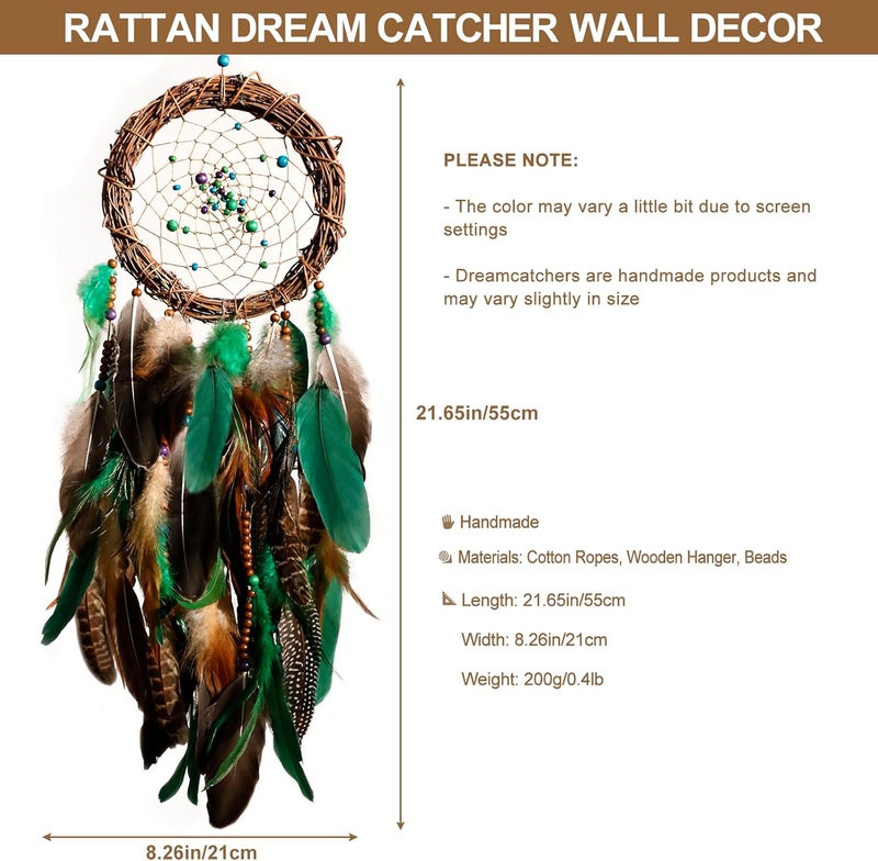 Artilady Wide usage compatibility Dream Catcher Native American Boho Dreamcatcher Rattan Wall Decor, Handmade Natural Goose Feathers Brown Golden Beaded Hanging Ornament Indian Decor for Bedroom Living Room (Green) Global assemble options - Image 5