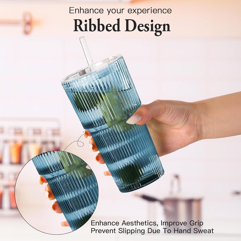 SIPBYSOP 4PCS Colored Ribbed Glass Cups with Lids and Straws, 20oz Vintage Drinking Glasses, Aesthetic Iced Coffee Cups, Glass Tumbler for Boba, Beer, Tea, Cocktails, Ribbed Glassware Set,Colored - Image 4