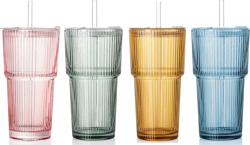 SIPBYSOP 4PCS Colored Ribbed Glass Cups with Lids and Straws, 20oz Vintage Drinking Glasses, Aesthetic Iced Coffee Cups, Glass Tumbler for Boba, Beer, Tea, Cocktails, Ribbed Glassware Set,Colored - Image 1