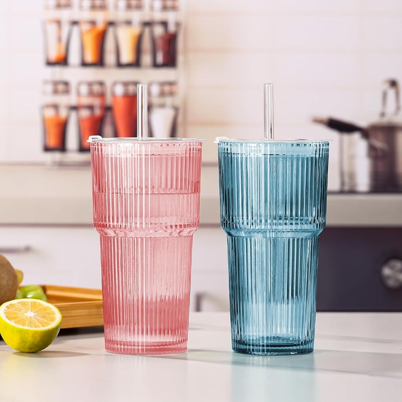 SIPBYSOP 4PCS Colored Ribbed Glass Cups with Lids and Straws, 20oz Vintage Drinking Glasses, Aesthetic Iced Coffee Cups, Glass Tumbler for Boba, Beer, Tea, Cocktails, Ribbed Glassware Set,Colored - Image 5
