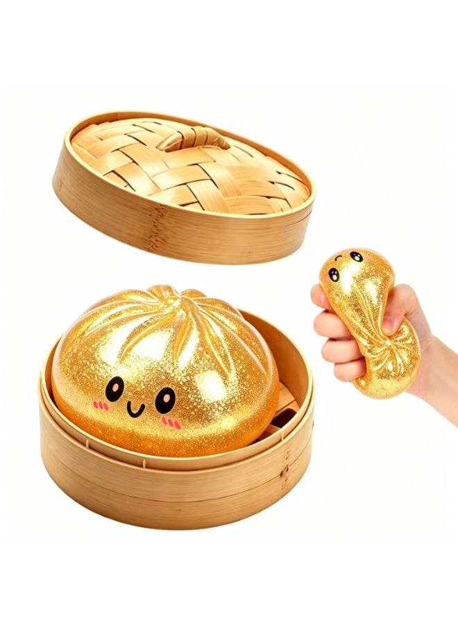 Mystery Glitter Dumpling Squishies with Steamer Box, Cute Bao Bun Stress Ball, Giant Glitter Dumpling, Giant Dumpling Squishy, Mega Rainbow Dumplings, Cute Anxiety Relief Fidget Dumpling, Soft Squeeze Decompression Dough for Adults - Image 1