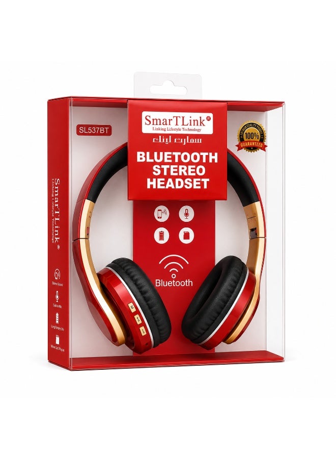 سمارت لينك سماعة رأس لاسلكية SmarTLink SL537BT بلوتوث 5.0 باللون الأحمر مع ميكروفون ومدخل 3.5 مم ودعم بطاقة MicroSD - Image 3