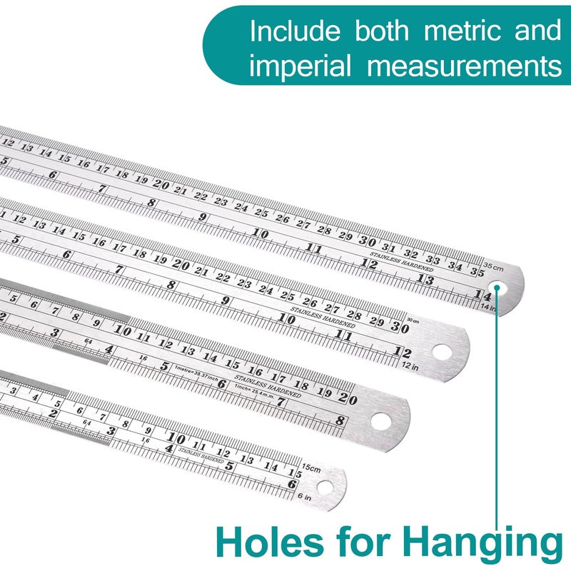 Allwin Metal Rulers, Steel Rulers Pack of 4, 6, 8, 12, 14-inch Stainless Steel Ruler - Image 5