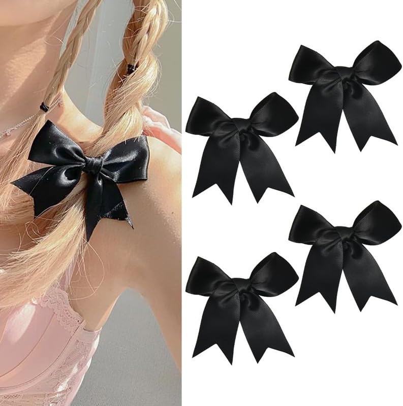 FAMEZA 4 Pcs Luxury for Women Girls Small Black Ribbon Hair Clips Hair Clip Bow Barrettes for Think Thin Hair Bowknot Side Hair Clips for Teen Girls Bow Kont Hairclips - Image 1