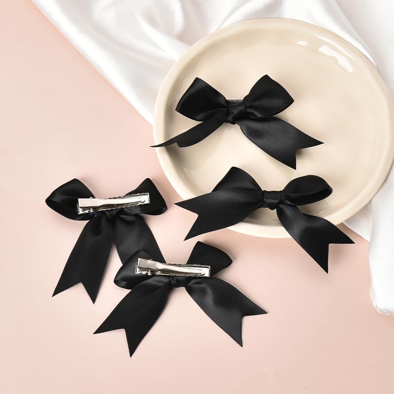 FAMEZA 4 Pcs Luxury for Women Girls Small Black Ribbon Hair Clips Hair Clip Bow Barrettes for Think Thin Hair Bowknot Side Hair Clips for Teen Girls Bow Kont Hairclips - Image 5