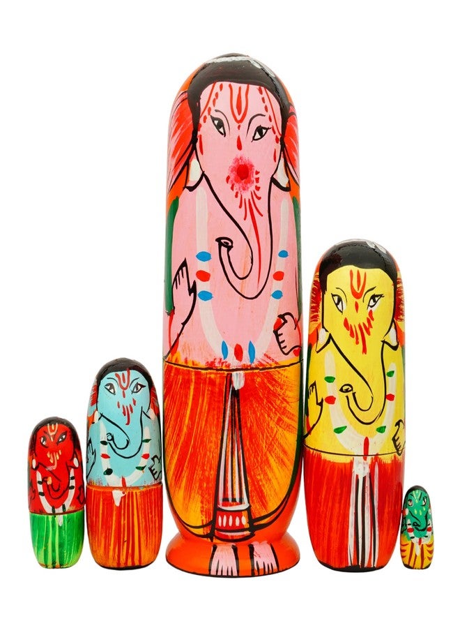 Toolart® Wooden Ganesha Nesting Dolls – Set of 5 Hand-Painted Decorative Lord Ganesh Figurines | Indian Spiritual Decor for Home, Gift, Temple or Festive Use (AH_Wooden_Doll_Ganesha) - Image 1