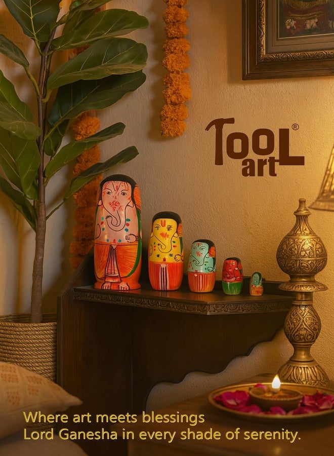 Toolart® Wooden Ganesha Nesting Dolls – Set of 5 Hand-Painted Decorative Lord Ganesh Figurines | Indian Spiritual Decor for Home, Gift, Temple or Festive Use (AH_Wooden_Doll_Ganesha) - Image 3
