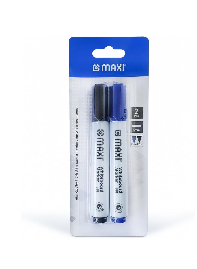 Maxi Maxi Whiteboard Marker Chisel Tip 2pc (Blue,Black) in a Blister Card Writes Clear Wipes Out Instant, Strong Durable Tip - Image 1