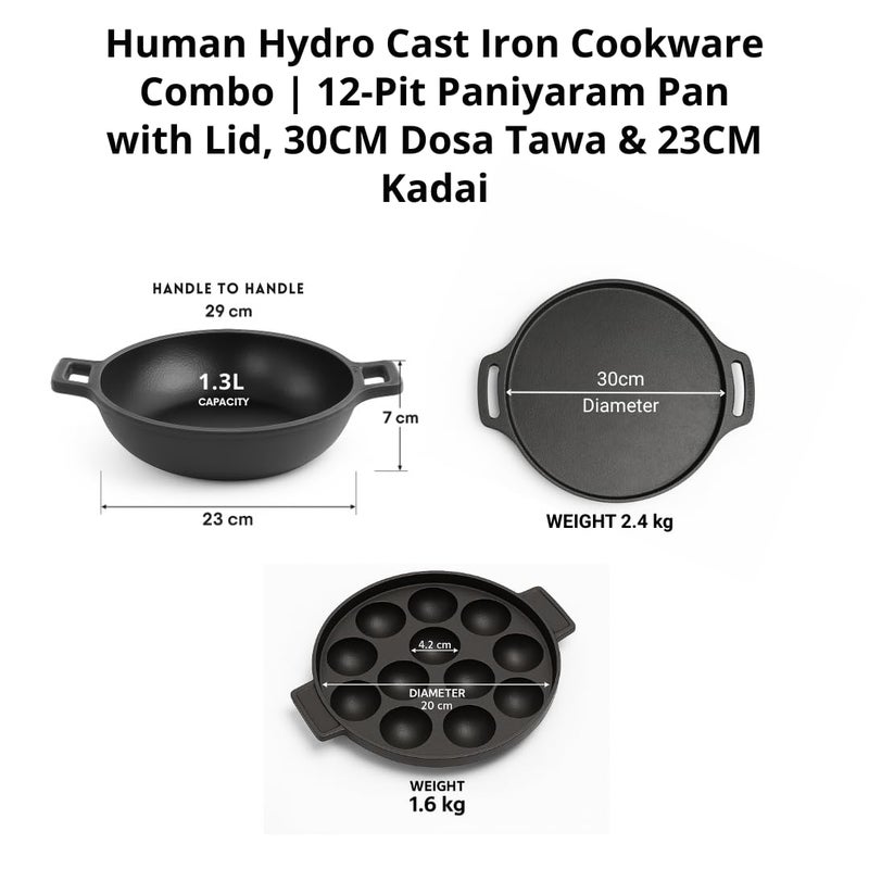 Human Hydro مجموعة أواني الطهي من الحديد الزهر | مقلاة بانيارام بـ 12 حفرة مع غطاء، 30 سم طاسة دوسا و 23 سم كاداي | مُتَبَلَة مسبقًا، غير لاصقة بشكل طبيعي، متوافقة مع الحث والغاز | أواني طهي تقليدية ثقيلة-duty - Image 2