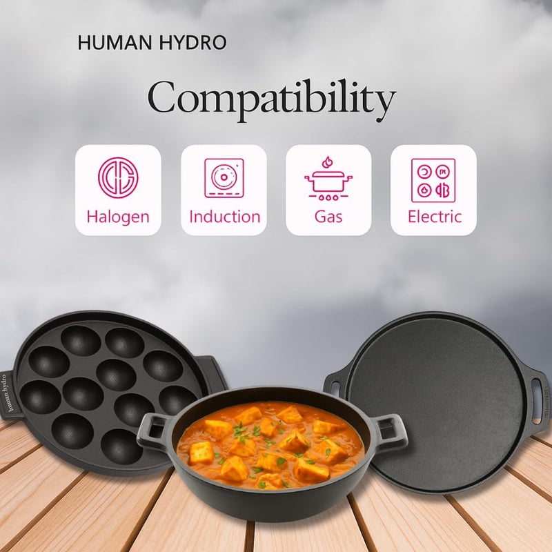 Human Hydro مجموعة أواني الطهي من الحديد الزهر | مقلاة بانيارام بـ 12 حفرة مع غطاء، 30 سم طاسة دوسا و 23 سم كاداي | مُتَبَلَة مسبقًا، غير لاصقة بشكل طبيعي، متوافقة مع الحث والغاز | أواني طهي تقليدية ثقيلة-duty - Image 3