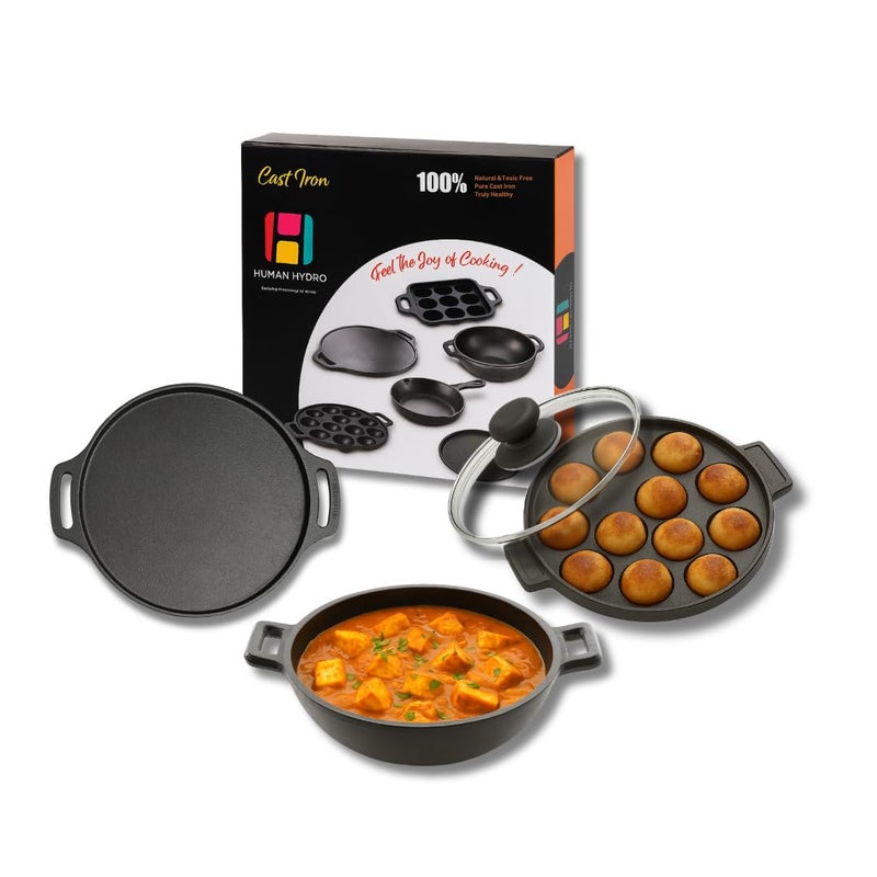 Human Hydro مجموعة أواني الطهي من الحديد الزهر | مقلاة بانيارام بـ 12 حفرة مع غطاء، 30 سم طاسة دوسا و 23 سم كاداي | مُتَبَلَة مسبقًا، غير لاصقة بشكل طبيعي، متوافقة مع الحث والغاز | أواني طهي تقليدية ثقيلة-duty - Image 1