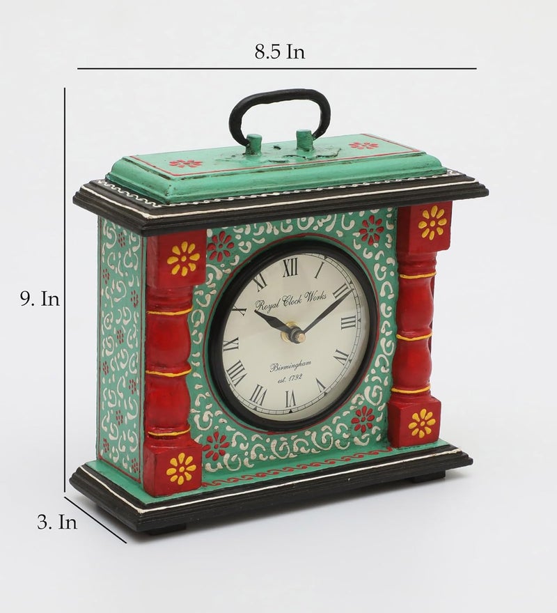 vedas AKI Hand Painted Silent Non Ticking Small Clock Battery Operated Simply Design for Bedroon Bedside Desk I Wooden Antique Desk Clock Size 85 x 9 Inches Battery not Included - Image 3