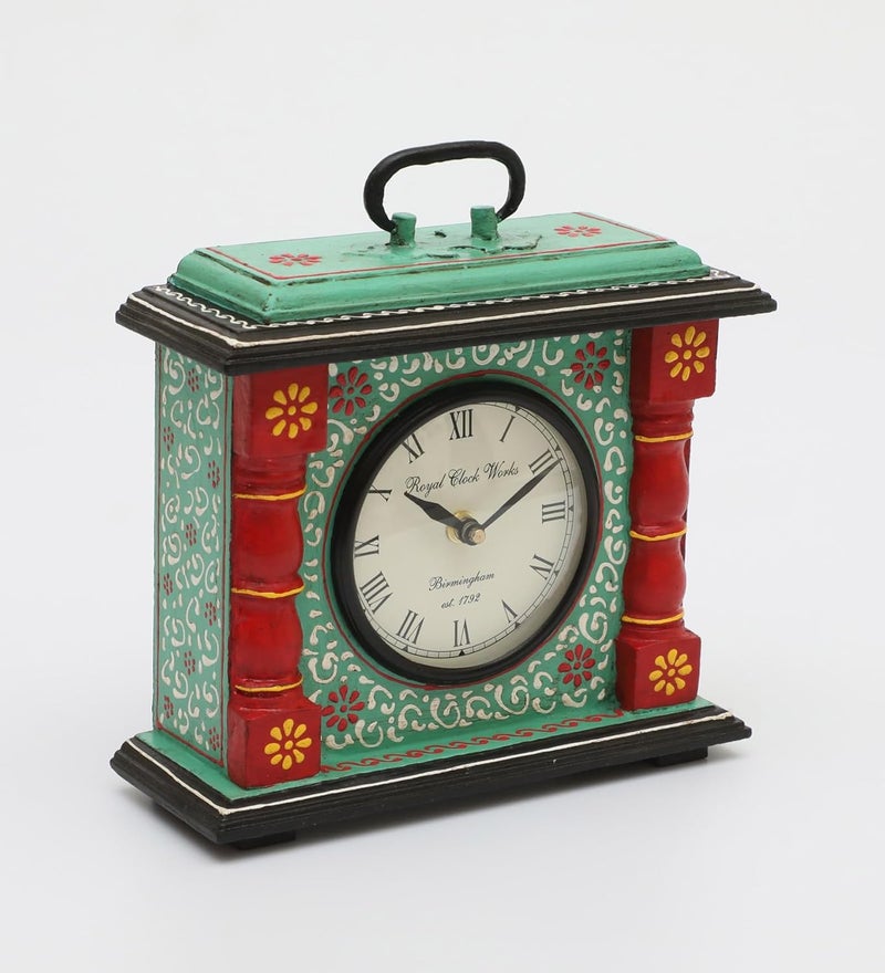 vedas AKI Hand Painted Silent Non Ticking Small Clock Battery Operated Simply Design for Bedroon Bedside Desk I Wooden Antique Desk Clock Size 85 x 9 Inches Battery not Included - Image 2
