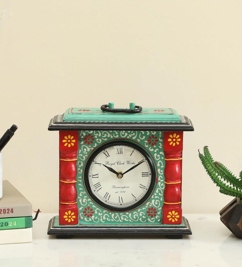 vedas AKI Hand Painted Silent Non Ticking Small Clock Battery Operated Simply Design for Bedroon Bedside Desk I Wooden Antique Desk Clock Size 85 x 9 Inches Battery not Included - Image 1