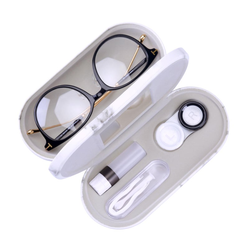 Muf 2 in 1 Contact Lens Case and Glasses Case Double Sided Design with Mirror Portable Travel Kit with Tweezer Remover and Solution Bottle Black White Marble