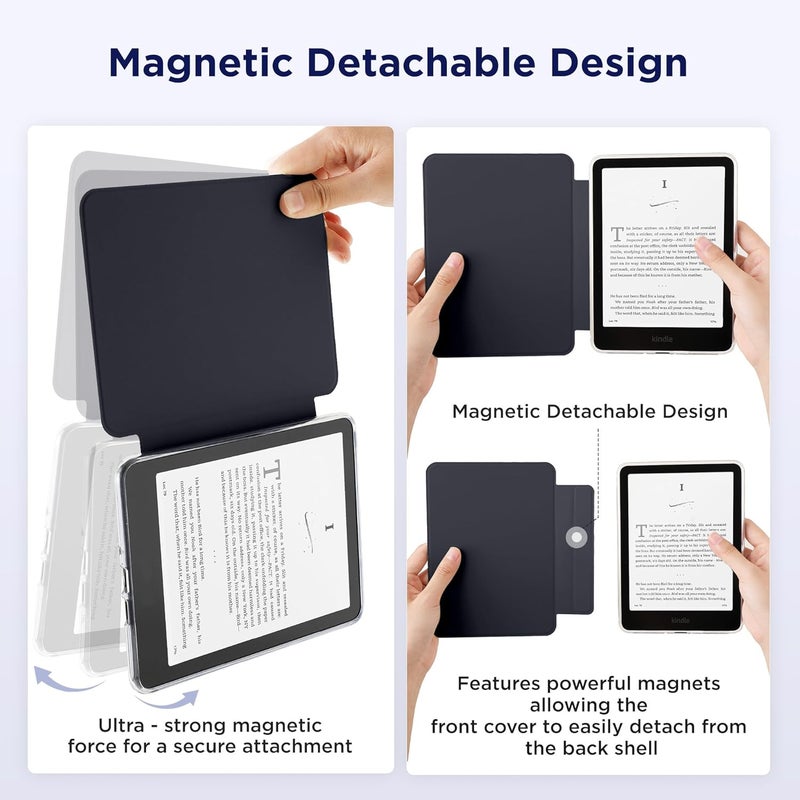 حافظة مغناطيسية قابلة للفك من لجهاز Kindle Paperwhite مقاس 7 بوصة، الجيل الثاني عشر 2024 وKindle Colorsoft Signature Edition، غلاف خارجي رقيق من البولي يوريثان (PU) مع وظيفة تشغيل/إيقاف التلقائي، لون أزرق داكن - Image 3