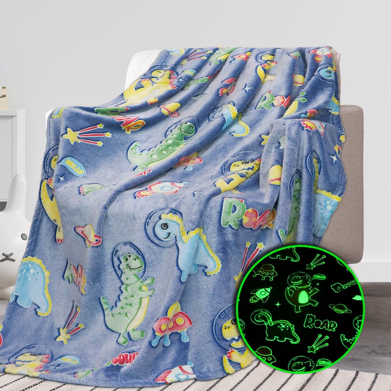 REXEO Glow in The Dark Blanket Dinosaur Gifts Toys for Boys Birthday Gifts for Kids 1 2 3 4 5 6 7 8 9 10 Year Old Kids Blanket Glowing Dinosaur Room Decor Blankets for Toddler