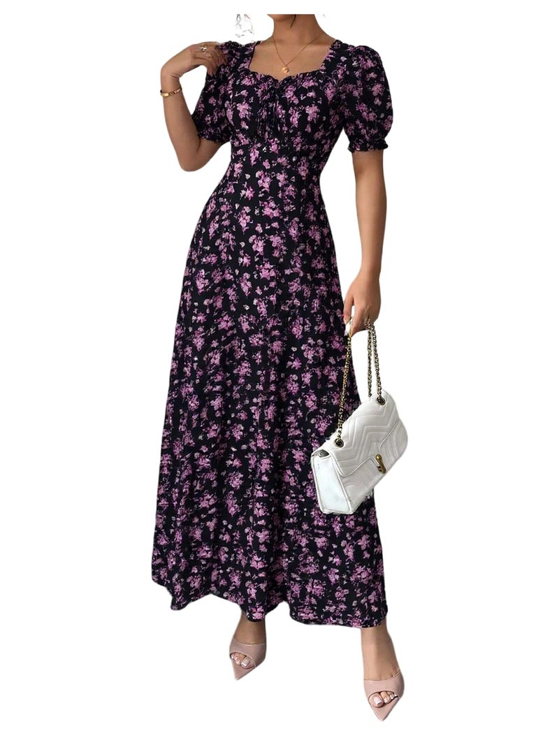 Floerns Women's Floral Short Puff Sleeve Milkmaid Dress Boho A Line Long Dresses Purple Small - Image 1
