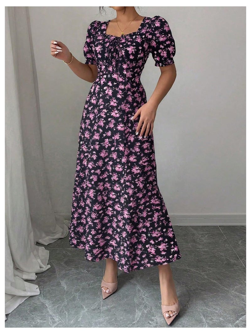 Floerns Women's Floral Short Puff Sleeve Milkmaid Dress Boho A Line Long Dresses Purple Small - Image 5