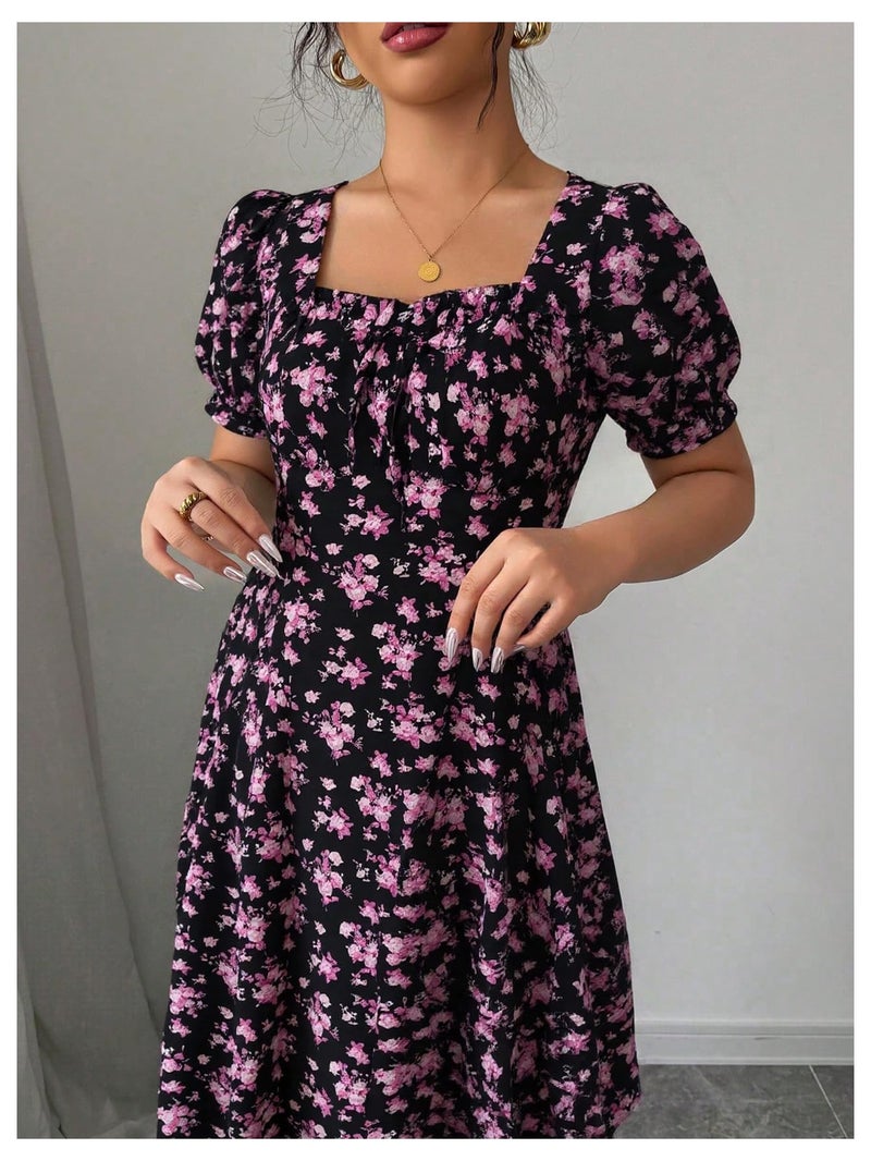 Floerns Women's Floral Short Puff Sleeve Milkmaid Dress Boho A Line Long Dresses Purple Small - Image 4