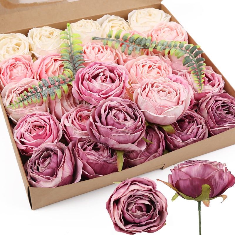 IPOPU Fake Roses 25pcs Vintage Purple Roses Artificial Flower for Decorations Colorful Artificial Roses Silk Flower Heads Bulk with Stems for Wedding Flowers Bouquet Centerpieces Gradient Purple