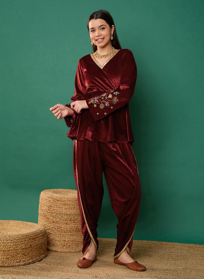 NOH.VOH Embroidered Velvet Peplum Top With Dhoti Pants by Styli  - Image 1