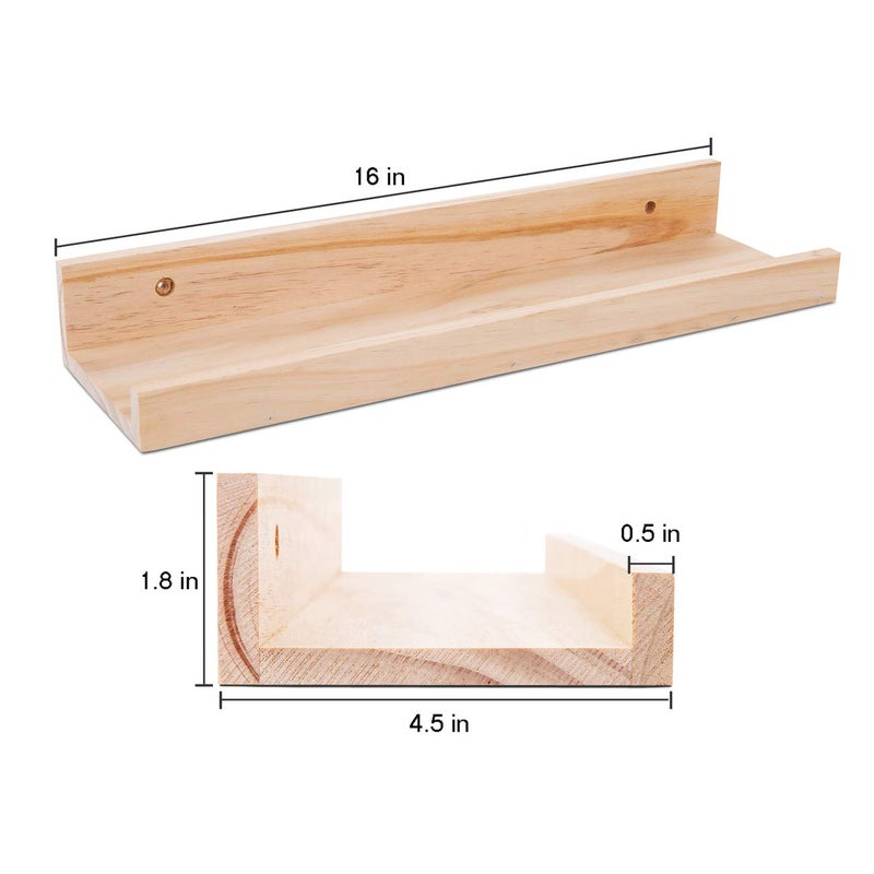AZSKY Picture Ledge Shelf, Small Floating Shelves Set of 2, 16 Inches Nursery Book Shelves for Storage, Bookshelf Wall Mounted for Living Room Bedroom Decor Books Photo Frames,Natural - Image 3