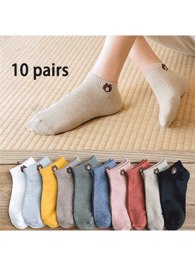 Zeemey Women's Multi-Color Bear pattern socks, 10-Pair Pack, Simple Breathable Short Socks, Versatile for Everyday Wear, Prevents Slipping Down - Image 1
