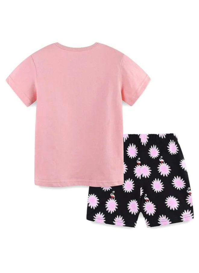يونيكي Pink Crew Neck Short Sleeve Printed Tshirt & Shorts
