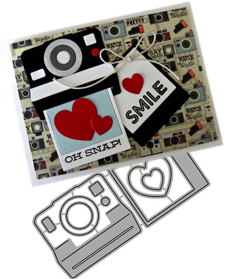 Mvchifay Cutting Dies Metal Stencils Scrapbooking Tool DIY Craft Carbon Steel Embossing Template for Paper Card Making Camera  Hearts 54x12cm XKAI01075