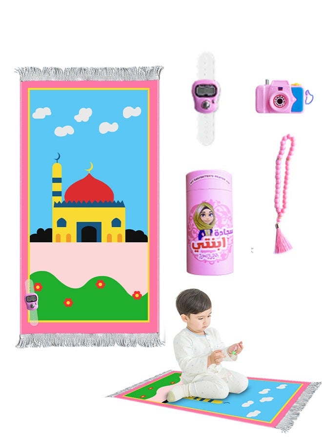 5Pcs Children's Prayer Mat Set Thick Soft Prayer Rug With Storage Box Children's Camera Toy, 33 Rosary Beads, Qibla Counter, Ramadan Festival Gift Suitable For Kids  - Image 1