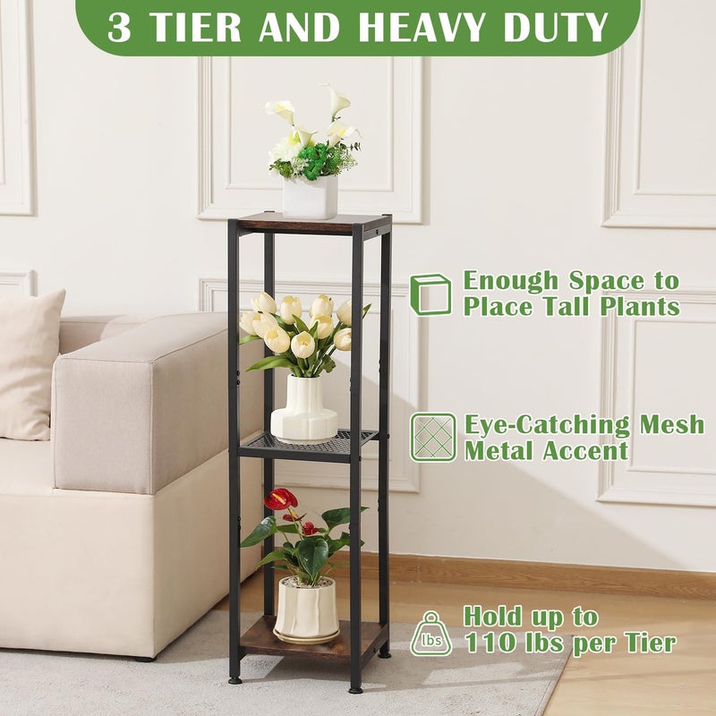 Dipion Extra Tall Plant Stand Indoor,40 Inch Plant Stands,3 Tier Metal Plant Stand with Heavy Duty Wood and Metal Mesh Shelf,Rustic Brown and Black - Image 4